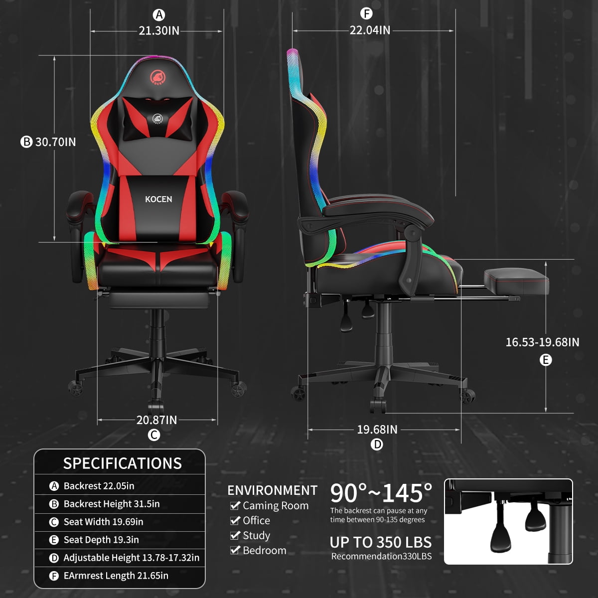 KOCEN Tall and large adult Gaming Chair , Racing Style RGB LED Light Adult Gaming Chairs, Equipped With Lumbar Massager, High Back Adjustable Recliner, With Footrest AndHeadrest.