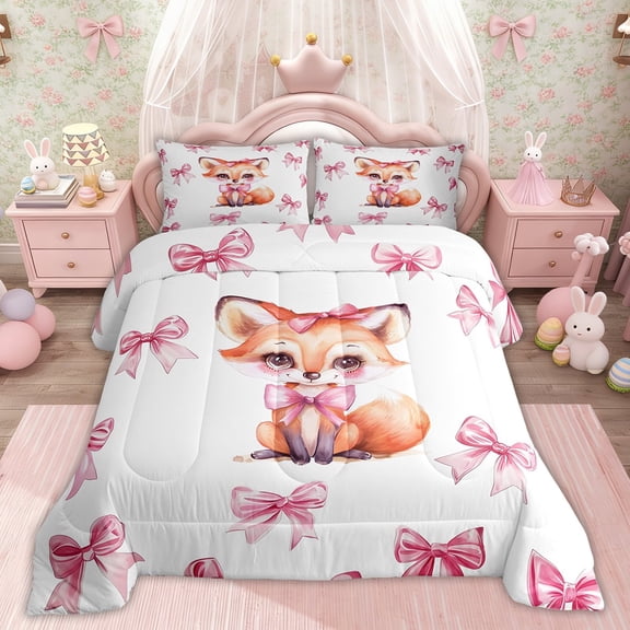Erosebridal Cartoon Fox Bedding Sets Twinwith Comforter, Pink Bow-tie Duvet Insert, Cute Animal Decor, Lightweight