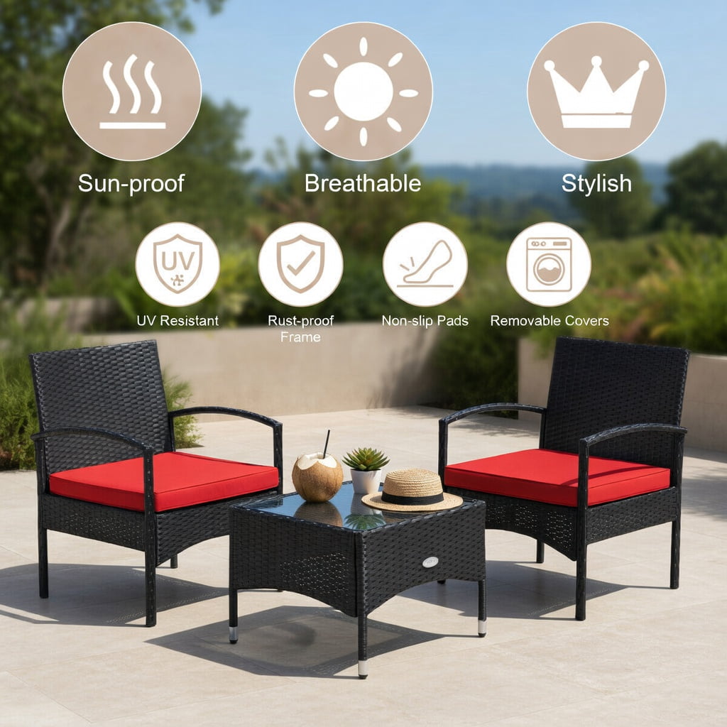 Hommoo 3-Piece Outdoor Wicker Patio Furniture Set with Weather-Resistant Cushions, Rattan Chairs & Table for Backyard, Garden, Patio, Red