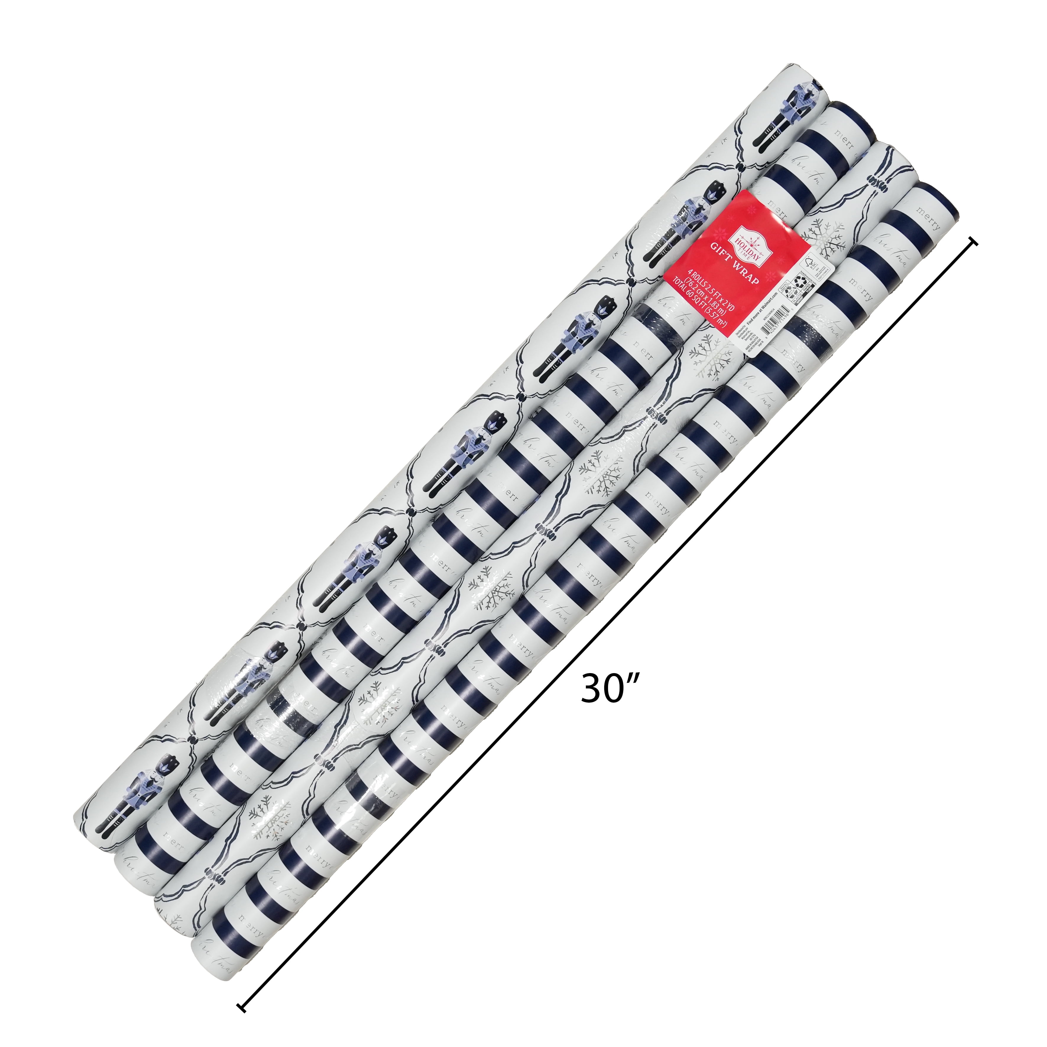 Holiday Time - Brandclub - Blue and White Metallic Assorted Christmas  Wrapping Paper, 60 sq ft, 4 Rolls, by Holiday Time