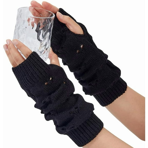 1 Pair Black Arm Warmers Goth with Thumb Holes Kawaii Long Knitted Fingerless Mittens Gloves Fashion Grunge Punk Alt Emo Harajuku Arm Wrist Warmer Socks Sleeves for Women Winter Accessories