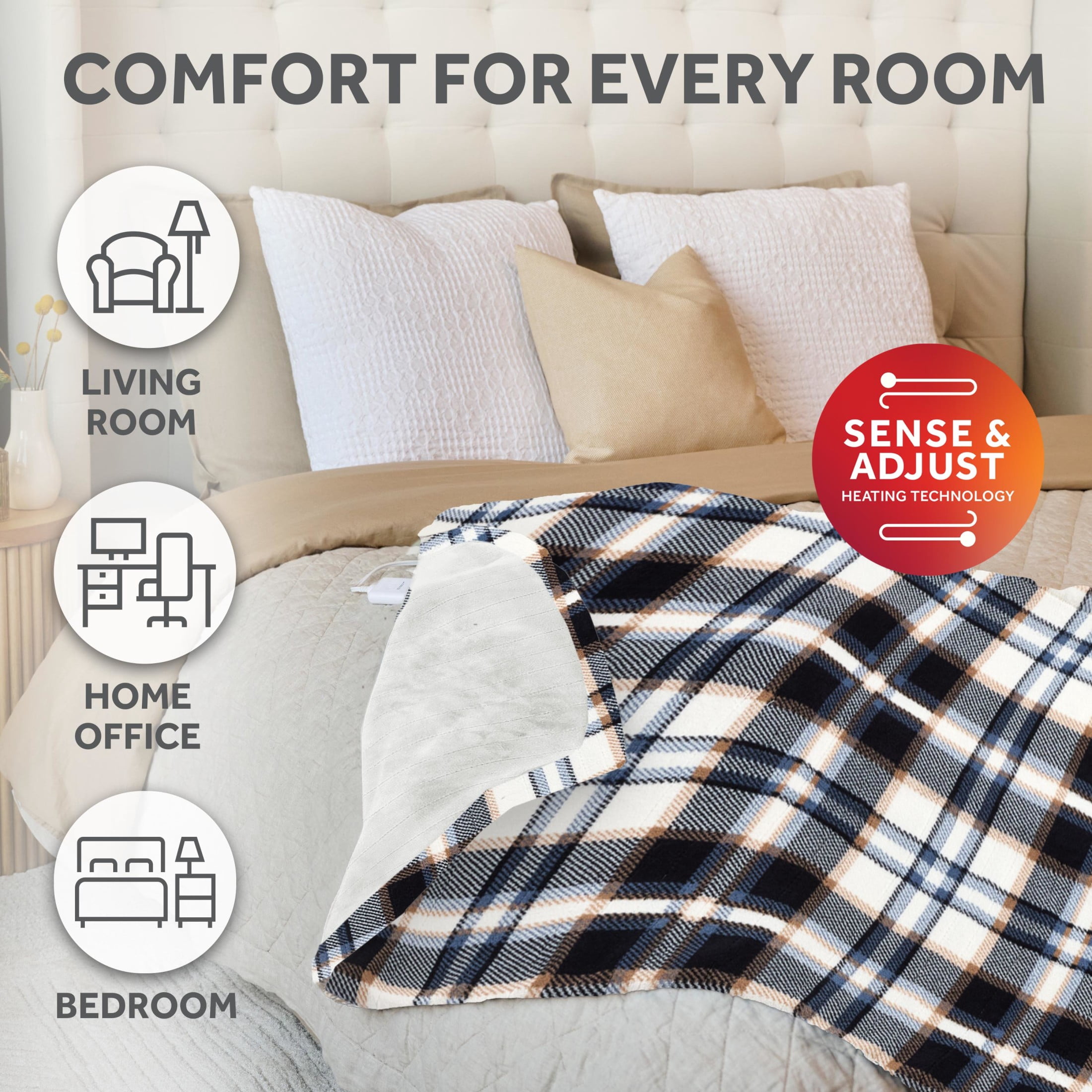 Sunbeam Electric Heated Throw Blanket Black Plaid Microplush 4 Heat Settings 50x70