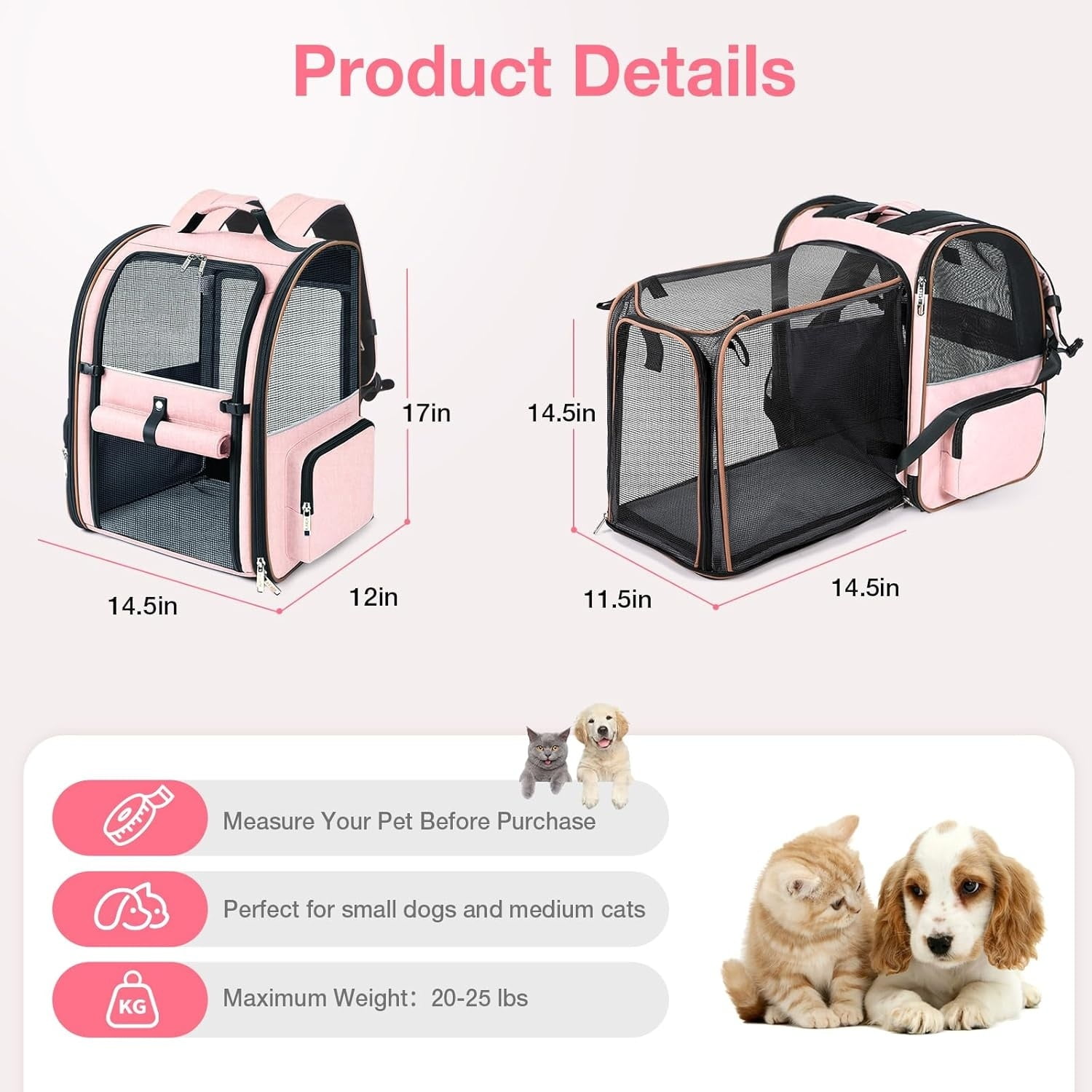 Large Cat Backpack Carrier Expandable Foldable Pet Carrier Backpack for Small Dogs Puppy Medium Cats Fit Up to 18 Lbs for Travel