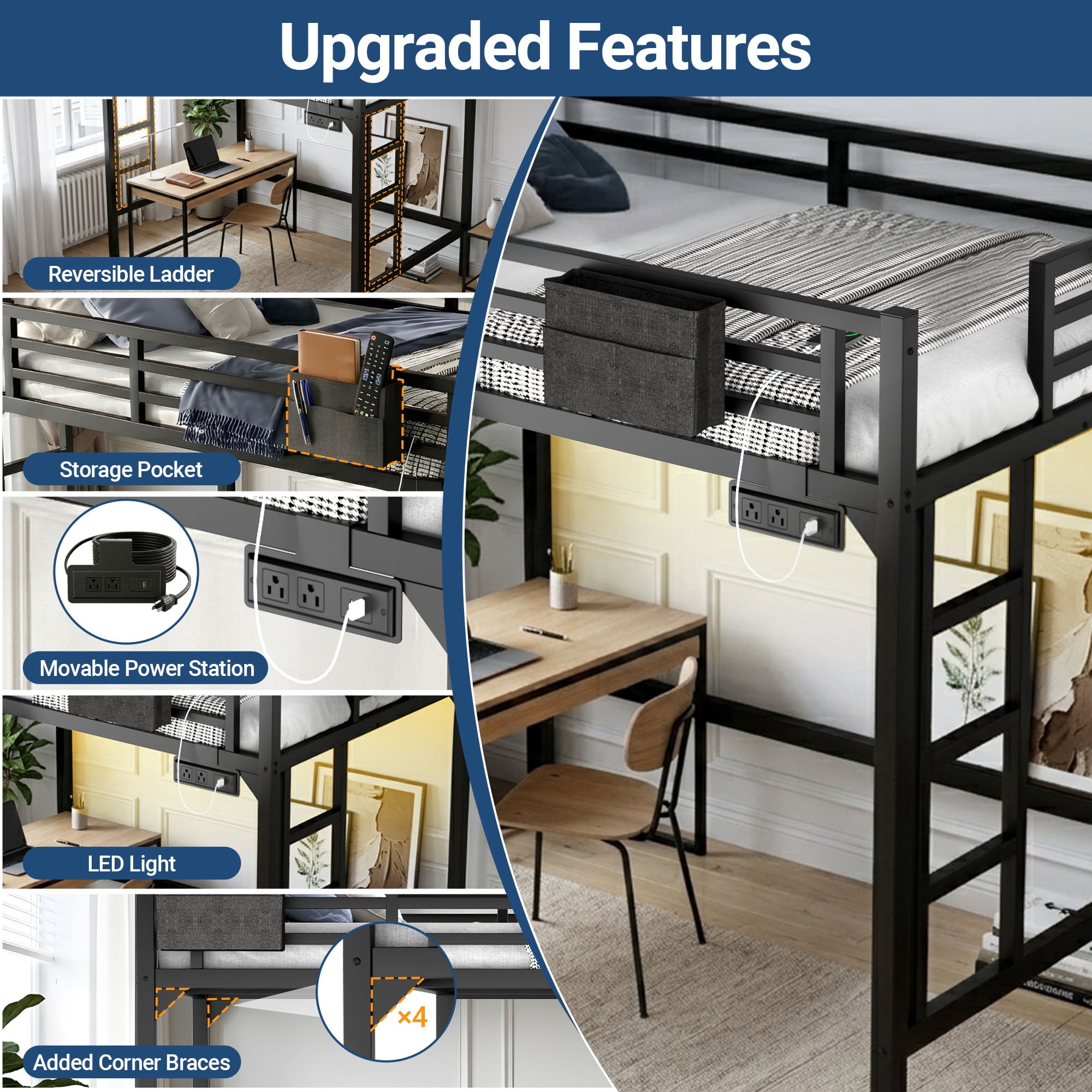 Miniyam Twin XL Metal Loft Bed with LED and Charging Station for Dorms and Apartments, Black