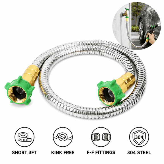 3ft Stainless Steel Garden Hose Short Metal Water Hose, Female to Female Kink-Free Leader Hose Extension for Hose Reel Car