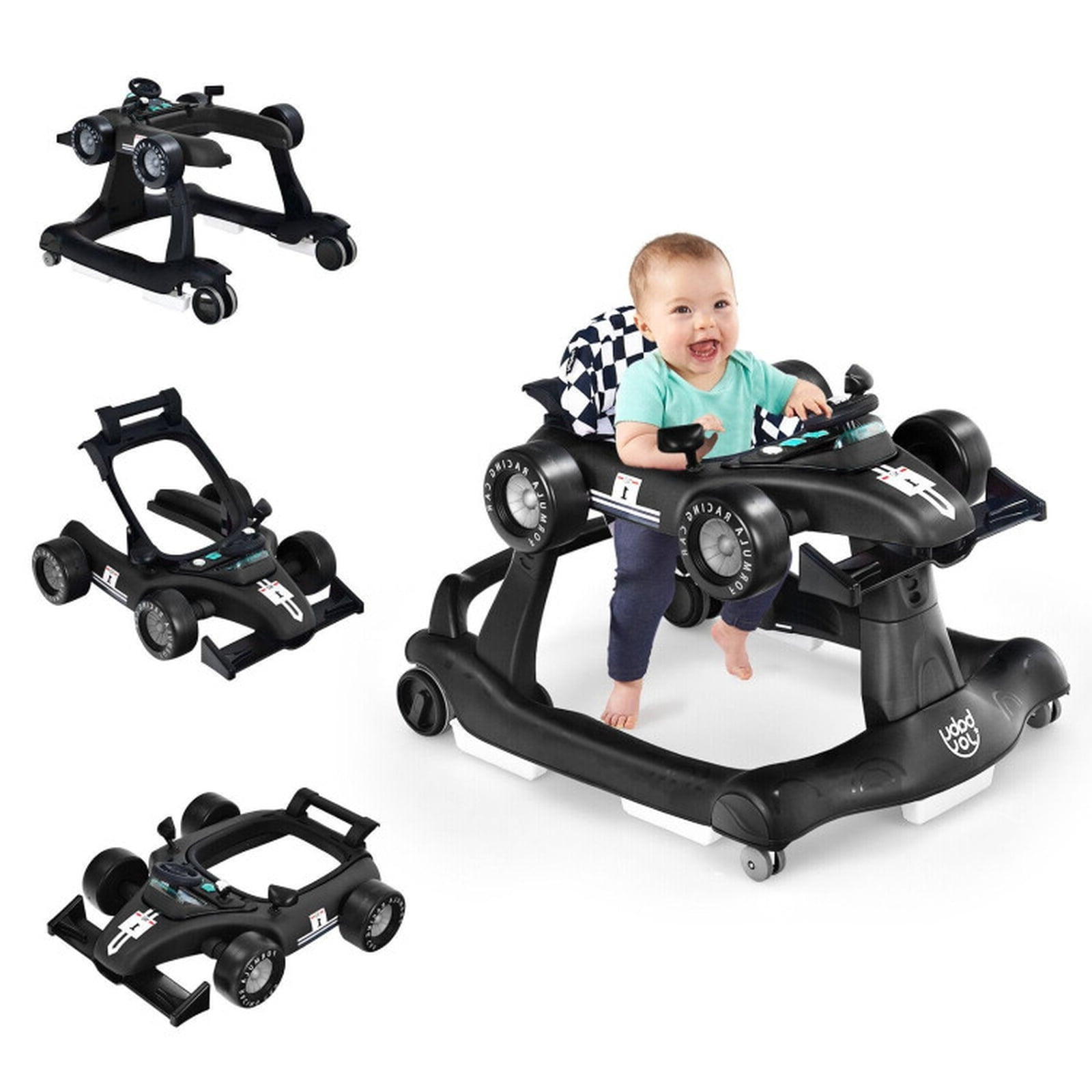 Redsmile 4-in-1 Baby Walker with Wheels, Foldable Activity Push Walker with 3 Adjustable Heights Music Lights and Toy Car Mode for Baby Boys Girls 6-18 Months, Christmas Gift, Black