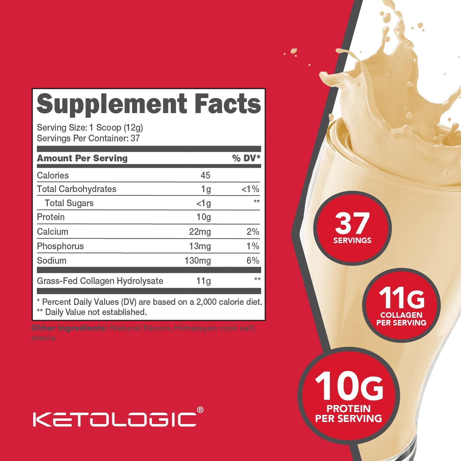Ketologic Grass-Fed Collagen Hydrolysate Powder (Vanilla) 1 LB - Bovine Sourced Peptides Supplement for Women and Men