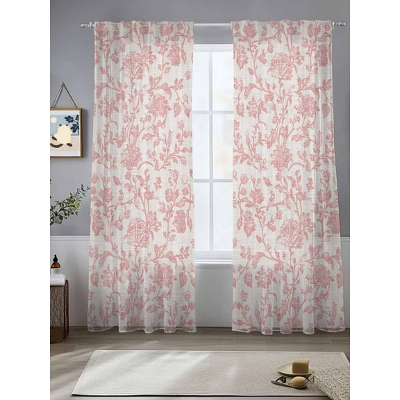 Farmhouse Flower Sheer Curtains for Living Room Bedroom Botanical Vintage Coral Red Leaf Plant Sheer Curtains 96 Inch Long 2 Panels Set Light Filtering Curtain Window Treatments Drapes