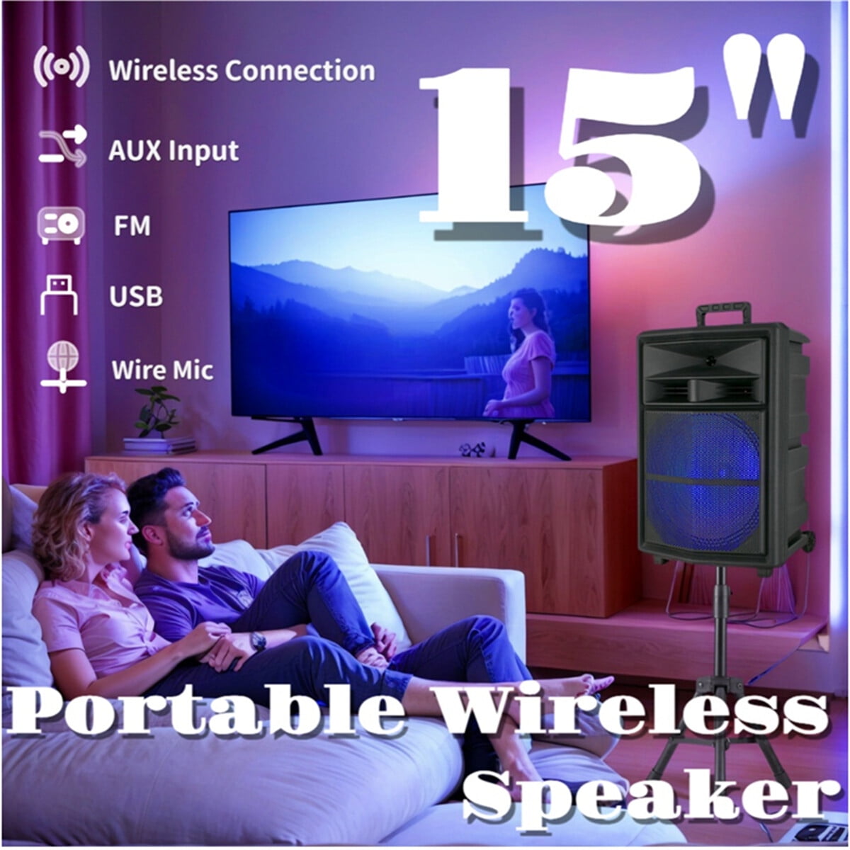 15" Woofer Portable Wireless Party Speaker with Microphone & Stand PA Sound System, AUX/FM/TWS