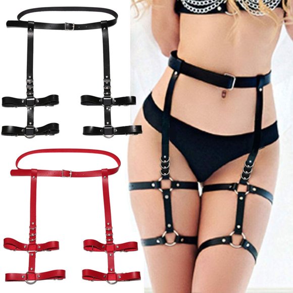 Women Sexy Punk Leather Harness Garter garter harness Body Belt Adjustable Waist Leg Cincher Cage Belt 4 Leg Rings