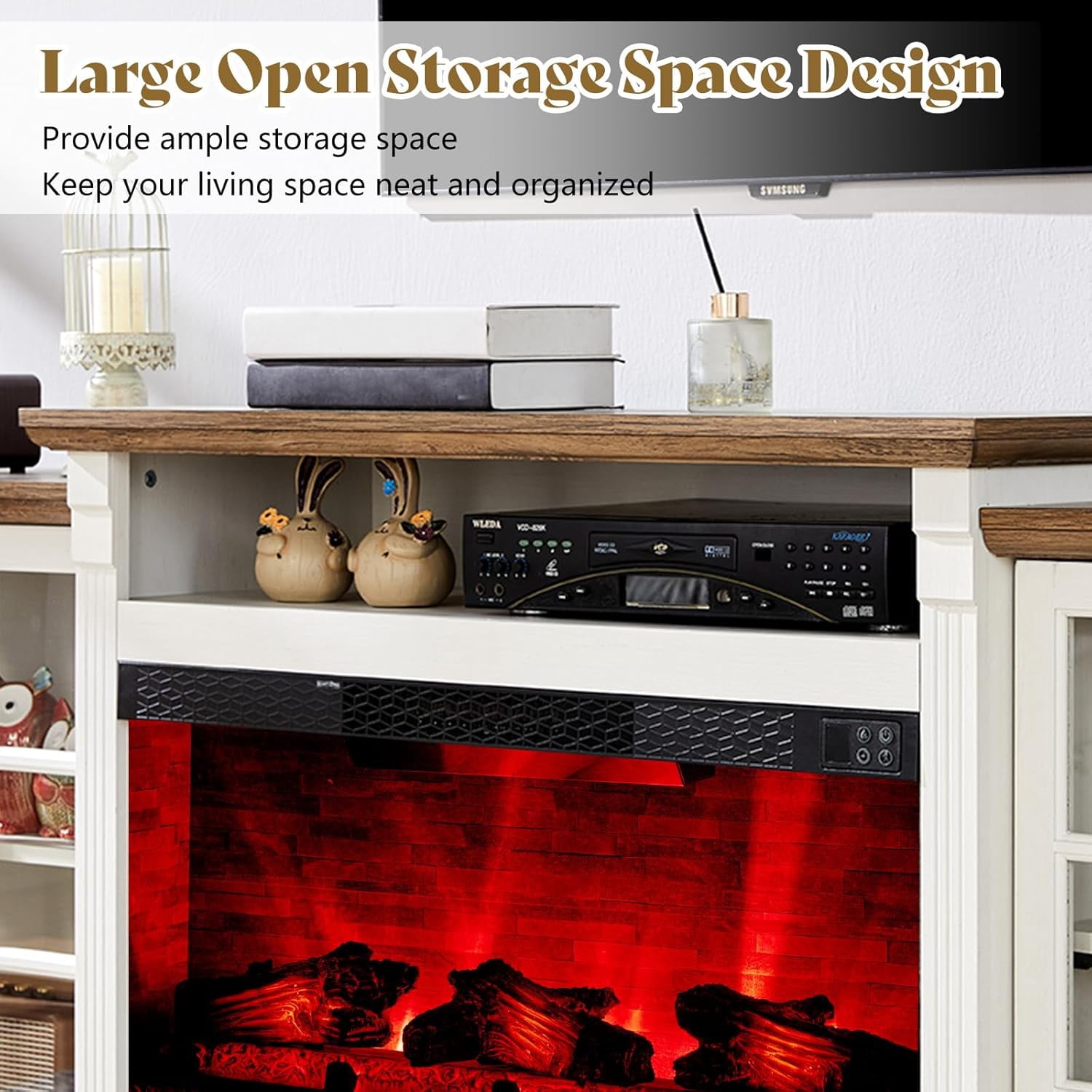 Merluxy 97" Farmhouse Fireplace TV Stand, Entertainment Center with Large Storage Space and Adjustable Shelf for Living Room, White