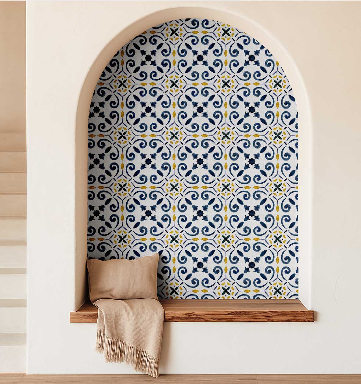 S4sassy Removable Vintage Style Waterproof Wall Wrap, Finish Mosaic Tile Wallcover, Scroll Tile Contact Paper for Backsplash, Kitchen, Self Adhesive Vinyl Wallpaper Roll - Blue - 25"x60"