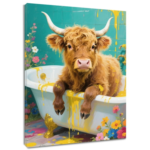 NEONWE Cow in Bathtub Canvas Wall Art Funny Watercolor Floral Painting Picture Prints Posters Living Room Decor Cute Animal Rustic Home Art Bedroom Bathroom Office Wall Decor