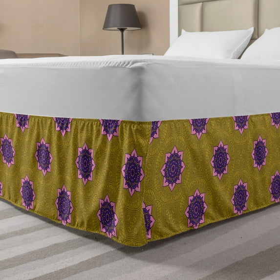 Ethnic Bed Skirt, Traditional Ottoman Ornament with Mandala Retro Style Motifs Print, Elastic Bedskirt Dust Ruffle Wrap Around for Bedding Decor, 4 Sizes, Pale Pink Purple, by Ambesonne