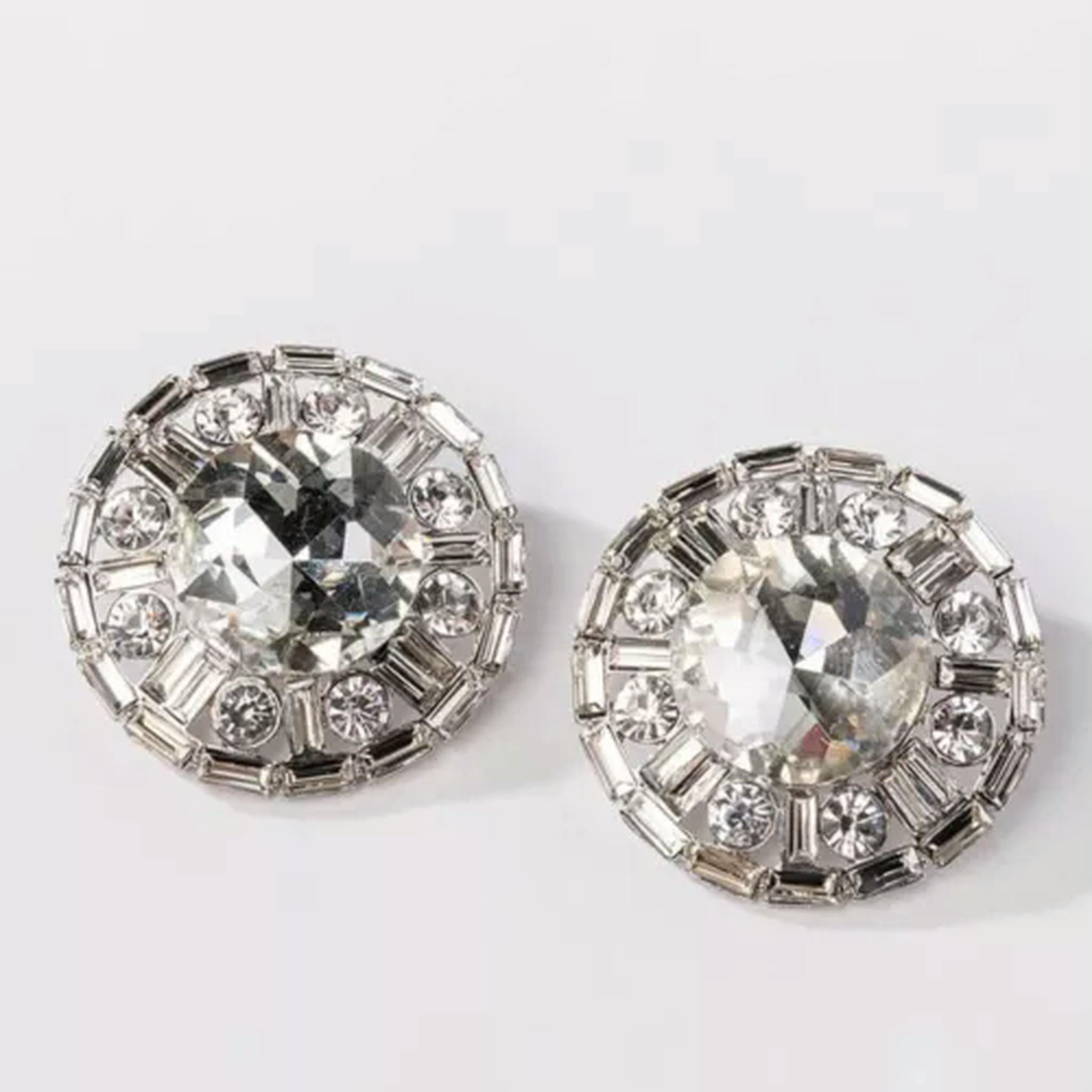 HOOUN Clip On Clear White Crystal Flower Silver Plated Earrings Round Large Big