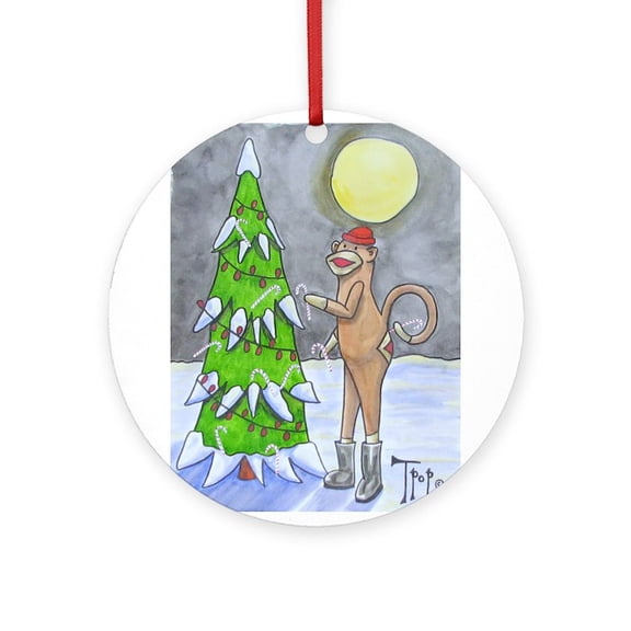 CafePress - Candy Cane Sock Monkey - Round Wood Ornament 4"
