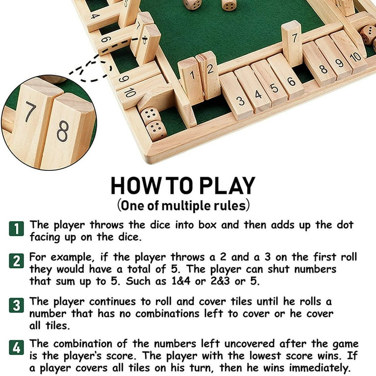 1-4 Players Shut The Box Dice Game,10 Numbers Traditional Wooden Pub Bar  Board Family Game Dice for Kids and Adults 