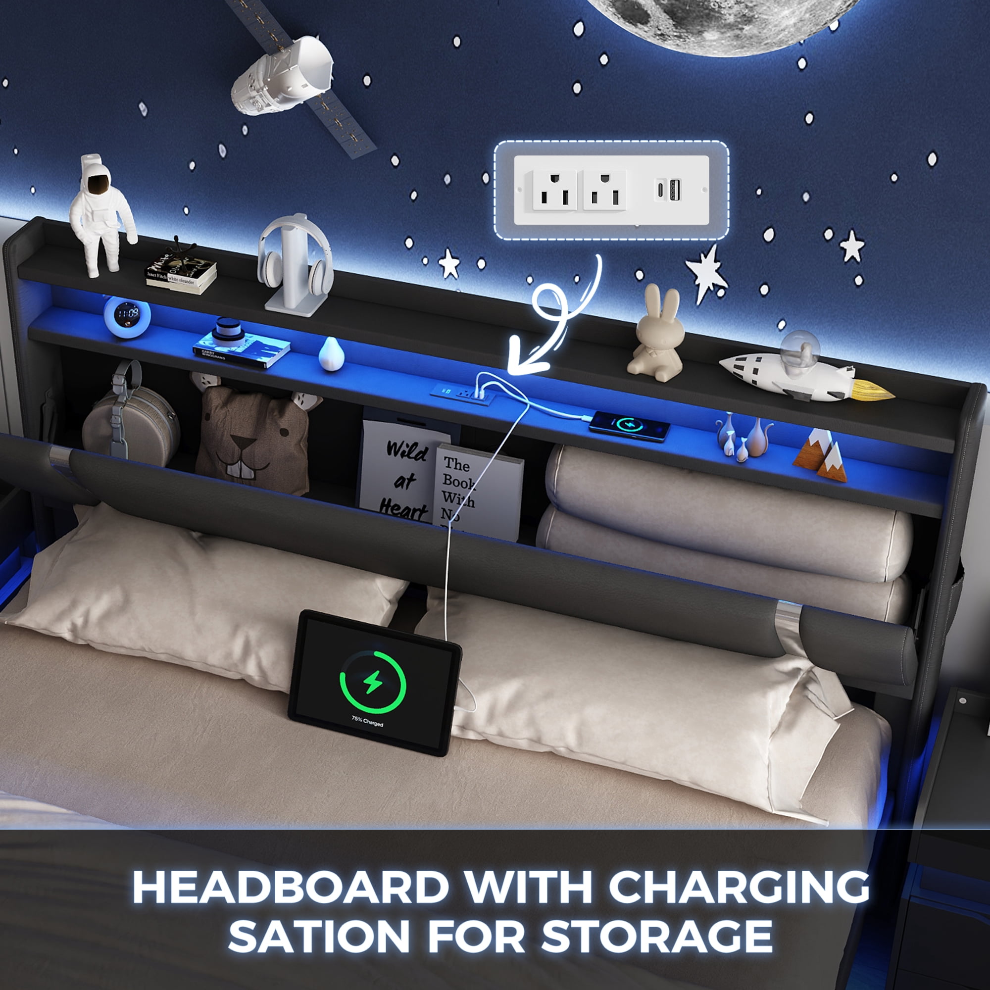 IDEALSOUL King Size Floating Bed Frame with Upholstered Storage Headboard, Metal Platform Bed with Charging Station & LED,No Box Spring Needed,Easy to Assemble (King,Black)