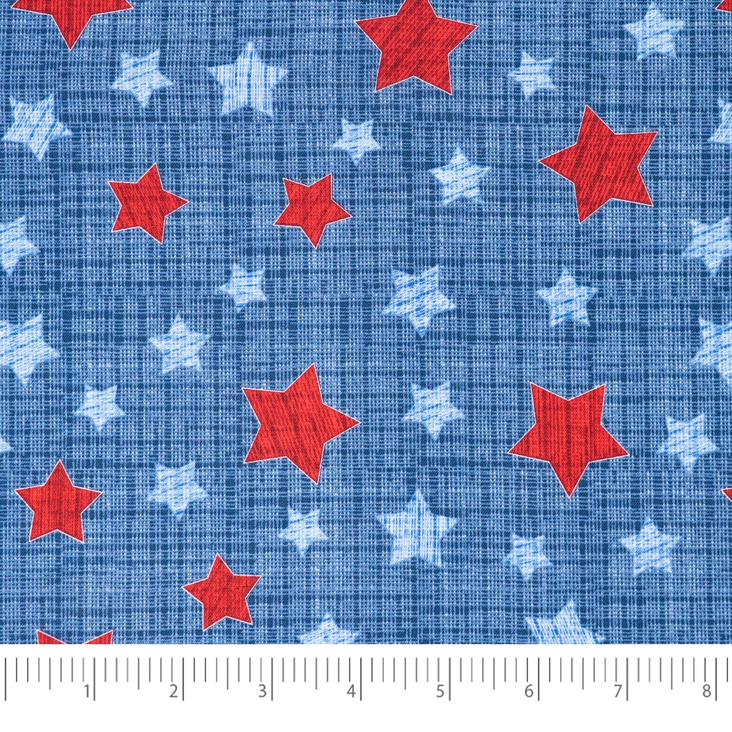 Singer, 100% Cotton, Red & Blue Stars On Texture, Cut by Yard