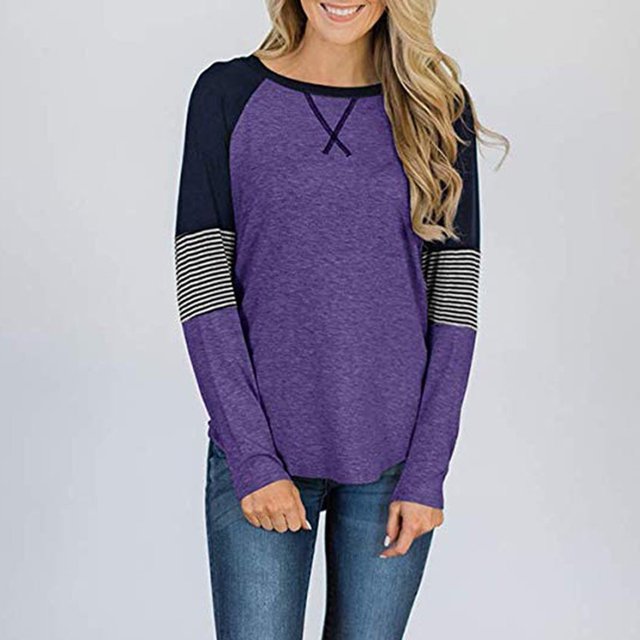 Pntutb Moda Mujer Cuello Redondo Manga Larga Estampado Patchwork Casual Camiseta Blusa Pntutb Pntutb-2117