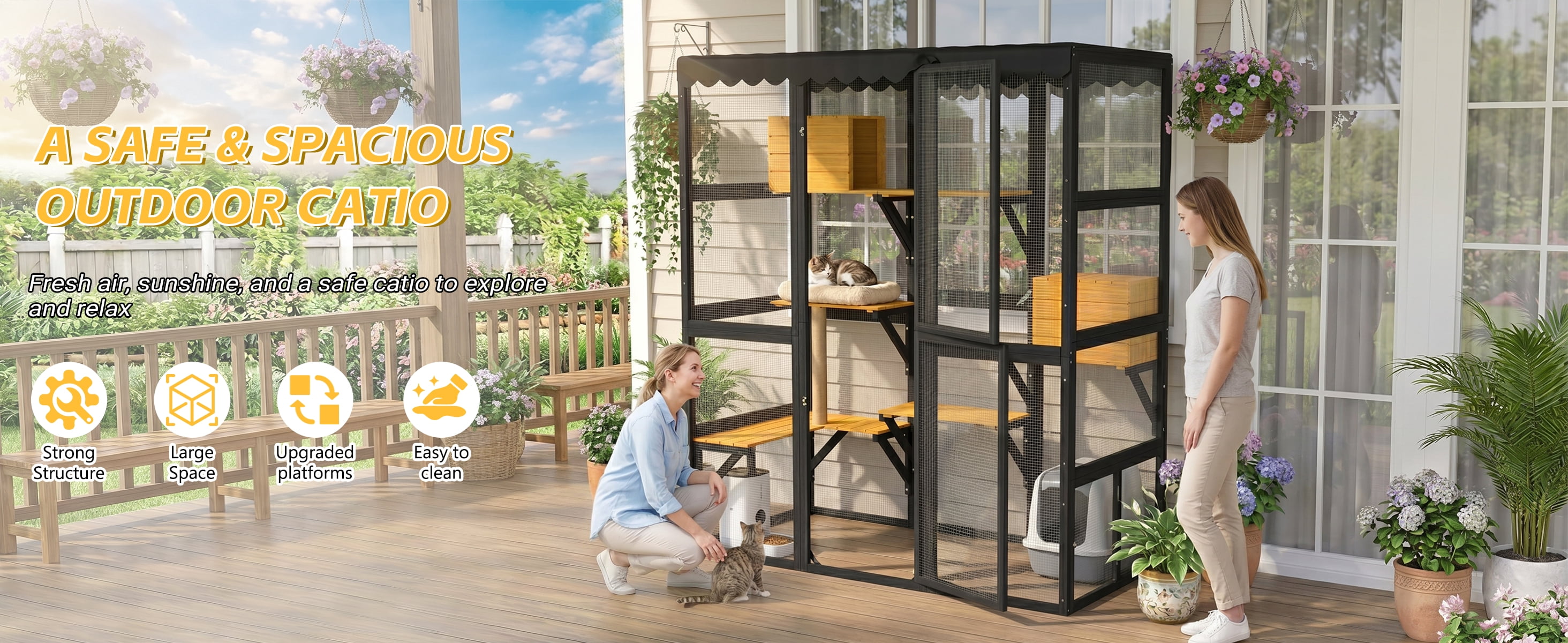 Generic Cat Catio Outdoor Enclosure - Large Wooden Walk-in Cat House - 2 Condos, 5 Platforms, Weatherproof Roof