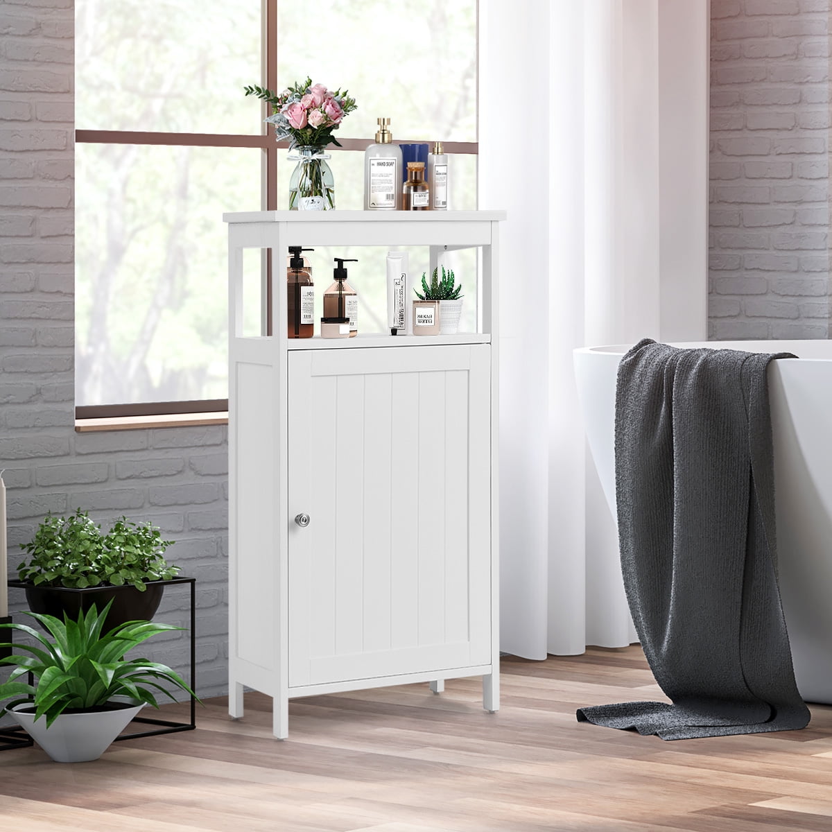 Costway Bathroom Wooden Floor Cabinet Multifunction Storage Rack Organizer Stand White