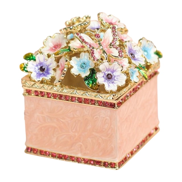 Caja de baratijas pintada a mano Almacenamiento de tesoros de almacenamiento de pendientes decorativos Organizador Rosa