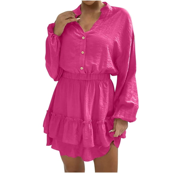 Women's Casual Long Sleeve Dress Trendy V Neck Buttons Ruffle Mini Dress Elastic Waist Solid Swing Short Dress