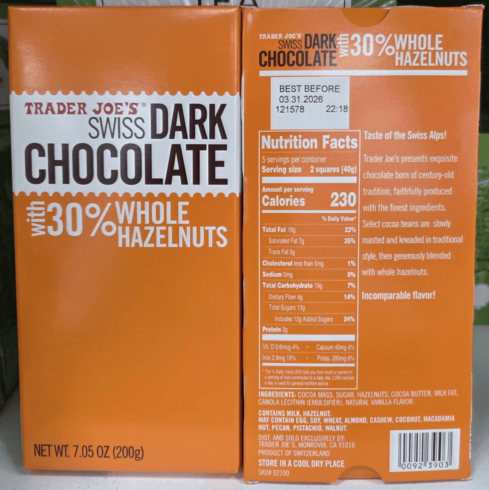 Trader Jo's Swiss Dark Chocolate with 30% Whole Hazelnuts 7oz 200g