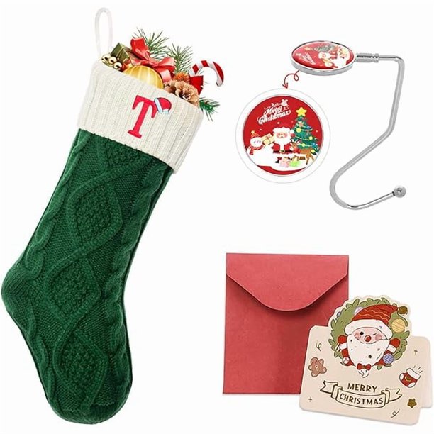 wonima44 Initial Christmas Stockings, 18’’ Large Embroidered Monogram Knit Christmas Stocking,Xmas Stocking for Kids, Holiday and Family Stocking for Fireplace or Party Decoration Green-White Letter T