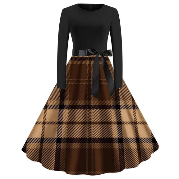 asdoklhq Vacation Dresses for Women Plus Size Floral Dress Women's Fashion Casual Long Sleeve Round-Neck Knee-High Checker Printing Dress Brown S