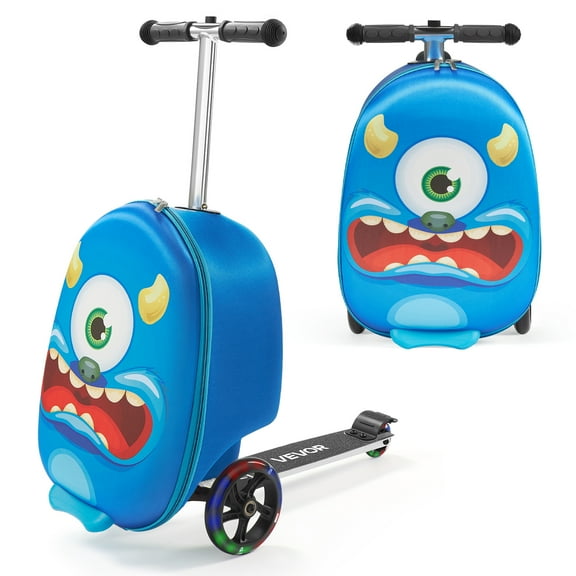 VEVOR Ride-on Luggage, 20 L Capacity, 20 Inches Kids Scooter Suitcase with Flash PU Wheels, Adjustable Handle & TPR Non-Slip Grip, Foldable & Lightweight Scooter Luggage for Kids Aged 5 , Blue
