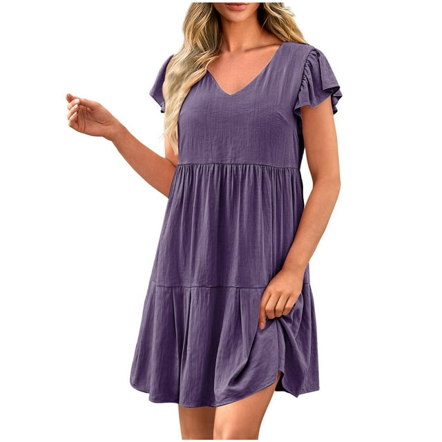 Yuyuzo Robes pour Femmes Été Décontracté Col en V Manches Courtes Robe Mini Bohème à Volants Smockée Ligne A Robe d'Été
