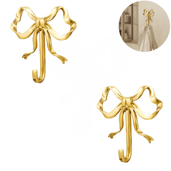 2Pcs Bow Wall Hooks, 2.6inch Decorative Knot Brass Purse Hanger Holder Coat Rack Wall Mount Gold Vintage Multi-Purpose for Bathroom Hanging Coats Keys Hats Towels Bags Umbrella