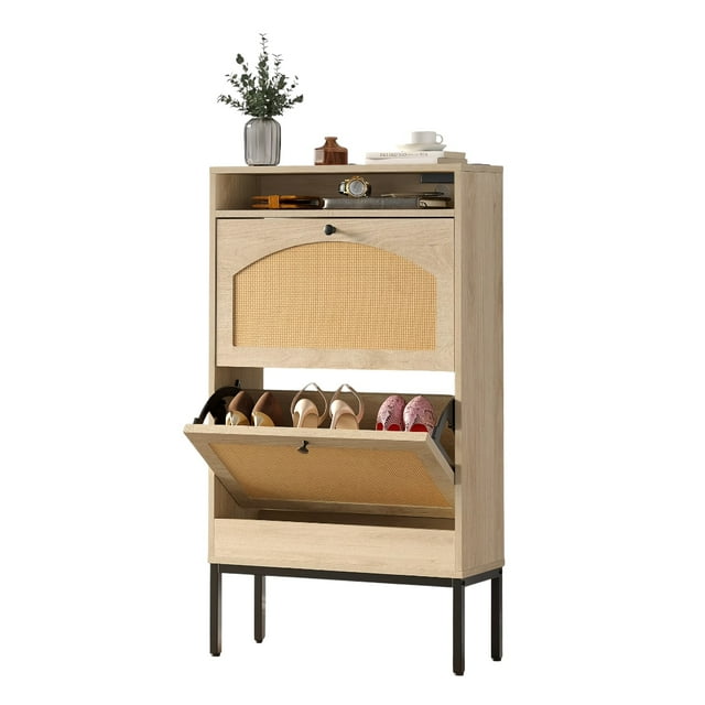 Shoe Storage Cabinet with 2 Flip Drawers, 31.5" Slim Freestanding Shoe Rack with USB Ports & Outlets, Rattan Style Organizer for Entryway or Hallway - Natural