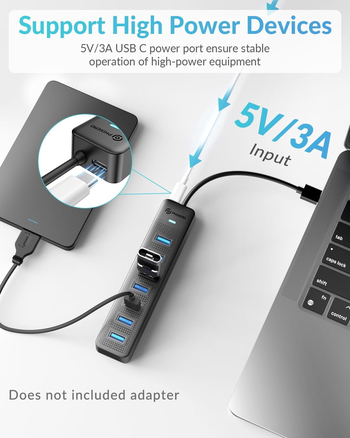 HRTGFD-7 Port USB Hub 3.2 with 15CM Long Cable, Multiport Adapter and Splitter for PC, Compatible with All USB 3.0/2.0/1.1 Devices