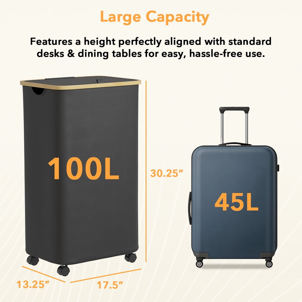PLUMEBAY 100L Laundry Hamper with Wheels and Lid, Rolling Tall Clothes Basket with Bamboo Handle, Black
