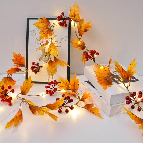 Luces de corda de hoja de arce 2m | Vid otoñal multicolor de 20 LED | Guirnalda colgante a pilas | Decoraciones interiores y exteriores para la fiesta de Halloween | Decoración DIY Flexible