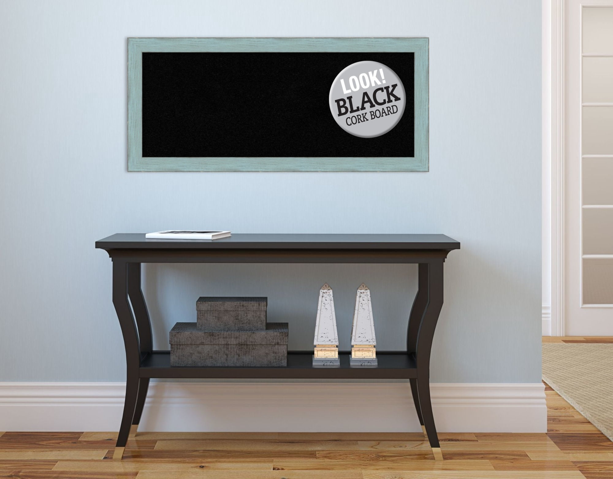 Amanti Art Natural Cork Board Wood Framed Sky Blue Rustic Bulletin Board 32 in. x 14 in.