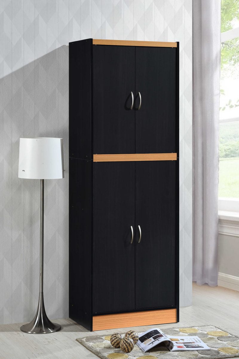 Hodedah 4-Door Kitchen Pantry with 4-Shelves, Black-Beech