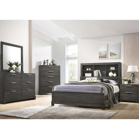 ACME Lantha Eastern King Transitional Bed with Bookcase Storage, Gray Oak