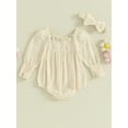 thumbnail image 2 of FEORJGP Infant Rompers Baby Girl Long Sleeve Bodysuit Lace Trim Solid Color Square Neck Jumpsuits with Headband Newborn Soft Cozy Clothes Set, 2 of 9