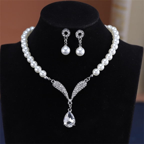 2PCS Elegant Pearl Necklace Earrings Set Women's Fashion Jewelry Sets Wedding Bridal Accessories Female Birthday Gift