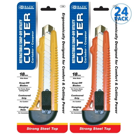 

BAZIC Utility Knife Box Cutter 18 mm Wide Blade w/ Steel Top 24-Pack