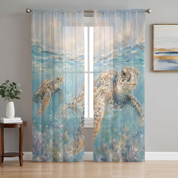 Coastal Turtle Sheer Curtains 72 Inch Length 2 Panels Set, Blue Sea Tropical Ocean Waves Coral Voile Window Treatment Rod Pocket Curtains Sheers Drapes for Bedroom/Living Room/Kitchen 52"x72"x2