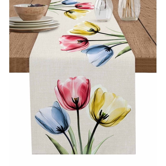 Table Runner Colorful Tulips Table Decoration for Kitchen Dinning Vintage Linen Table Decoration for Indoor Outdoor Party Wedding Decor 13x72inch