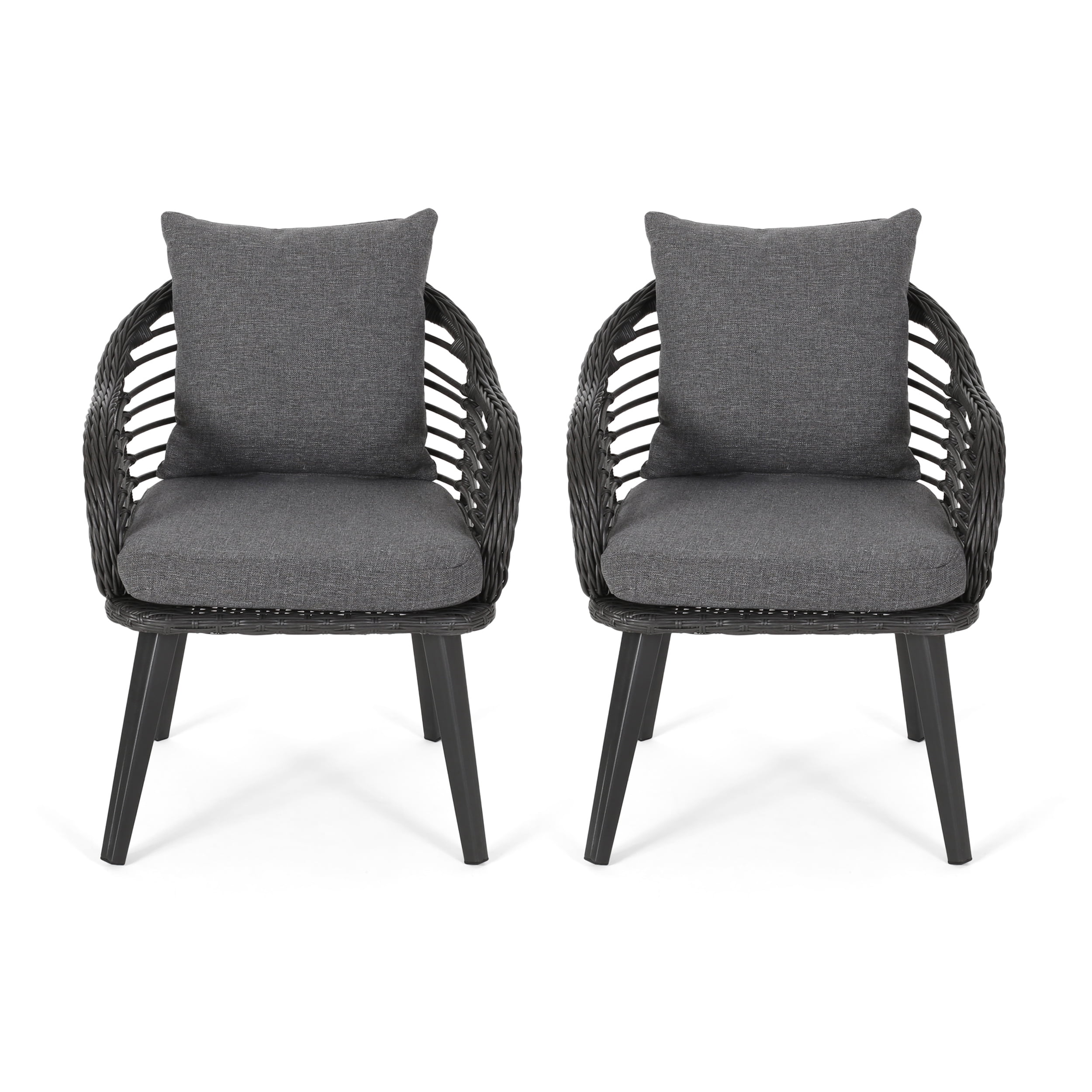 Tia Outdoor Wicker Club Chairs with Cushions, Set of 2, Gray and Dark Gray