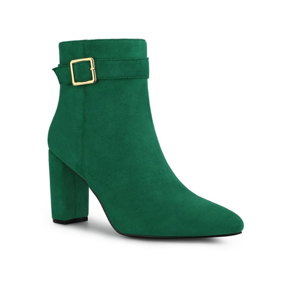 BLISSFUL STEP Women's Ankle Boots Pointed Toe Buckle Decor Zipper Block Heel Emerald Green 10