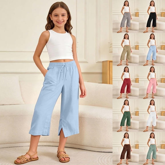 VeFlora Girls Capri Pants Wide Leg Cozy Elastic Waist Flowy Casual Pants Summer Beach Cropped Trousers with Pockets(Sky Blue/5-6 Years)