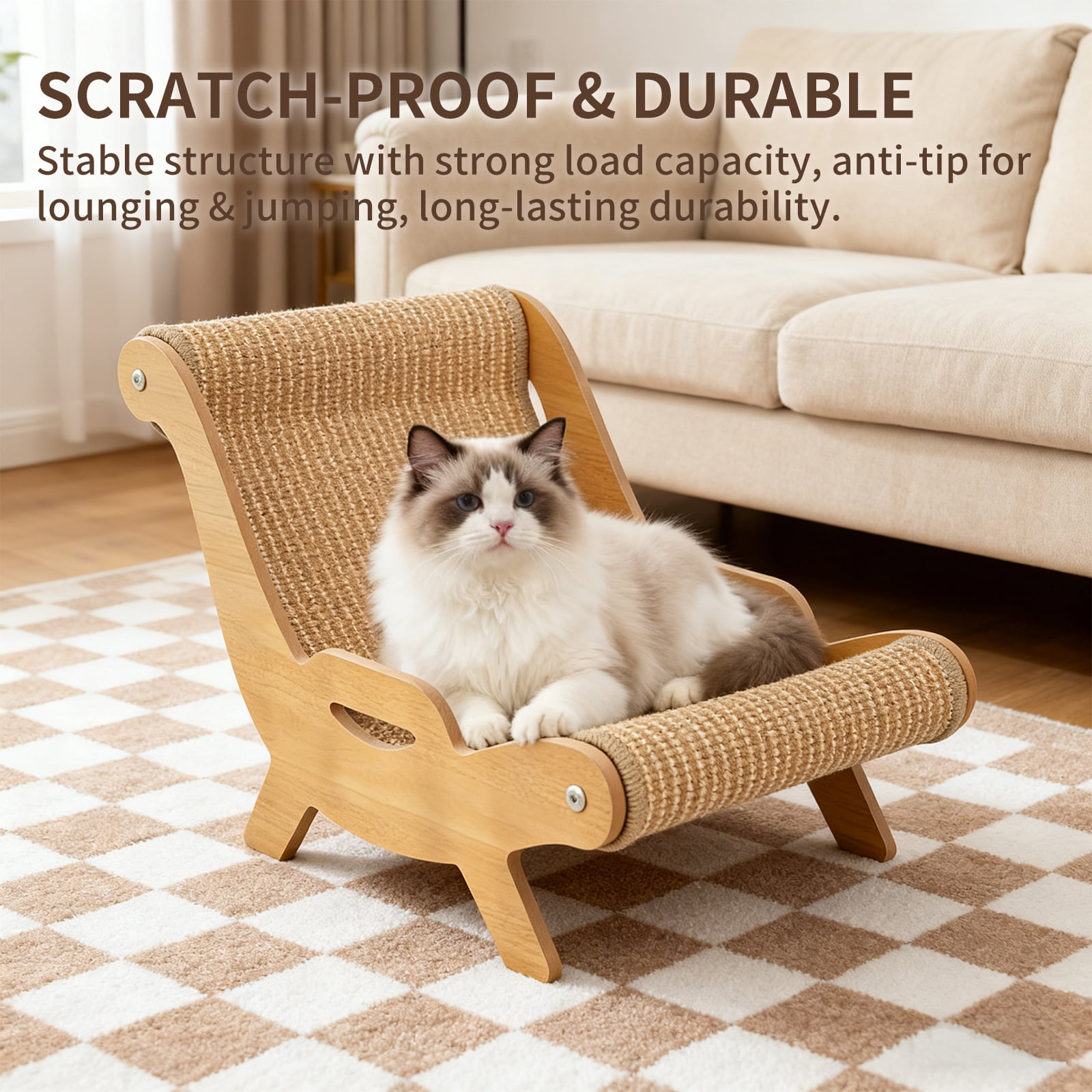 2 in 1 Cat Scratcher Lounge Chair, Wooden Hammock Bed With Woven Scratching Surface for Cats Kittens Dogs